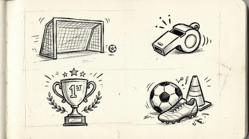 A soccer doodle icon set with football goal, whistle, trophy cup, and sporting equipment in hand-drawn sketch style, playful athletic energy, ultra-realistic, no logos.