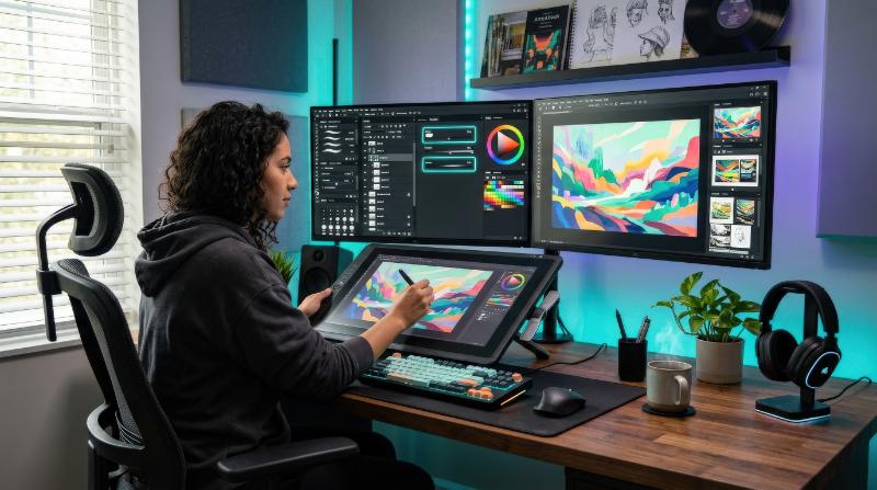 A sleek digital art workspace inspired by creative software, clean interface mood, vivid accents and contemporary design energy, ultra-realistic, no logos.
