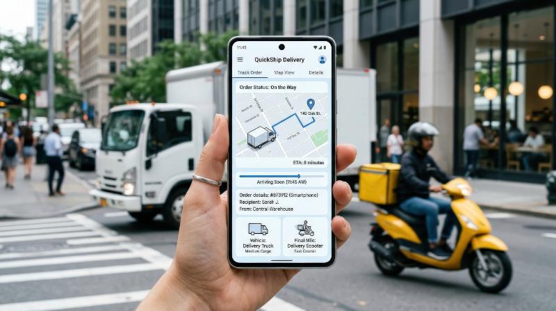 An e-commerce delivery service concept on a mobile application with truck and scooter transport, streamlined logistics mood, clean modern atmosphere, ultra-realistic, no logos.