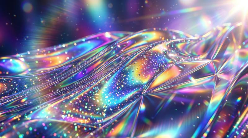Iridescent holographic rainbow gradient with prism sparkle, glossy reflections and lens flare shimmer across an abstract surface, luminous and futuristic, ultra-realistic, no logos.