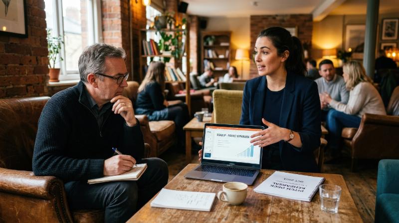 A startup pitch rehearsal in a cozy lounge, printed deck and laptop on the table, mentor nearby and focused entrepreneurial atmosphere, ultra-realistic, no logos.