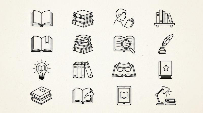Book line icons with open books, stacked volumes and reading symbols in a monochrome drawing set, intellectual and minimal, ultra-realistic, no logos.
