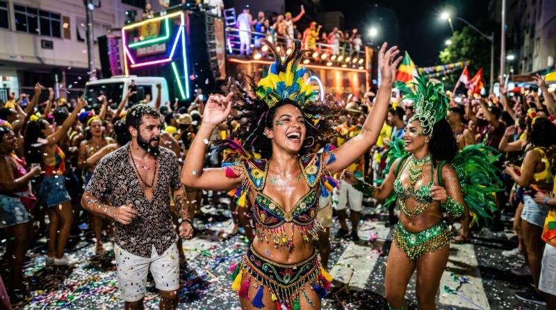 A woman dancing joyfully with friends in a confetti-filled Brazilian street carnival, vibrant costume details, festive crowd, movement and music in the air, electric celebration mood, ultra-realistic,
