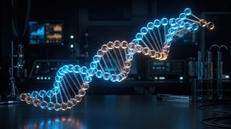 A neon glass spiral of transparent round balls with blue-brown gradient on black, flowing DNA-like curve and sleek science-tech atmosphere, ultra-realistic, no logos.