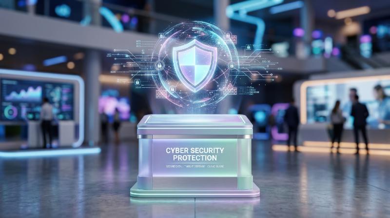 Cyber security protection concept with a pastel podium, clean secure design language, soft gradients, modern tech atmosphere, ultra-realistic, no logos.