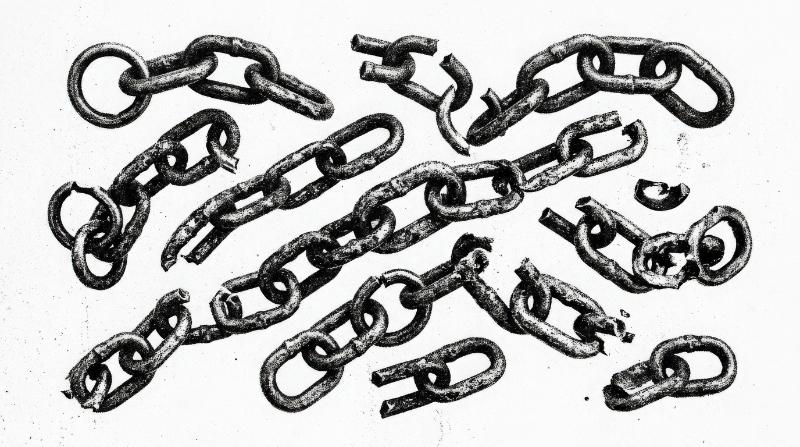 Distressed broken metal chain fragments arranged as gritty monochrome clip art, rough photocopy grain, stippled black texture, edgy retro collage aesthetic on a clean isolated backdrop,