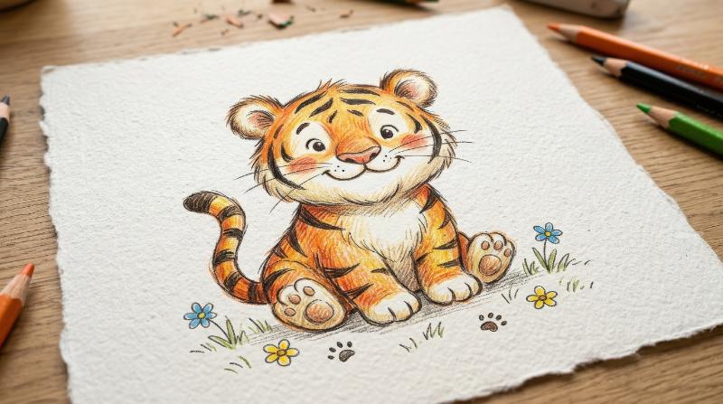 A cute tiger hand-drawn with colored pencils on paper, playful expression, visible pencil texture, charming childlike animal artwork, ultra-realistic, no logos.