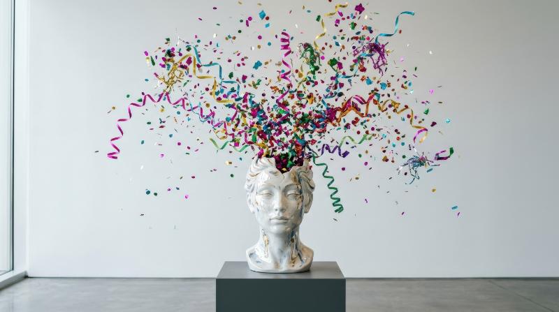 Confetti and streamers bursting from a porcelain head sculpture, surreal composition, glossy ceramic surface, colorful chaos against a clean backdrop, avant-garde artistic atmosphere, ultra-realistic,