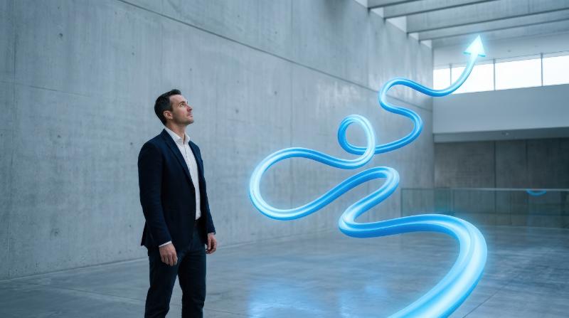 A man looking at a winding blue arrow rising upward, minimalist scene, cool palette, clean curves and a determined atmosphere of complex journey, success, and strategic growth, ultra-realistic, no