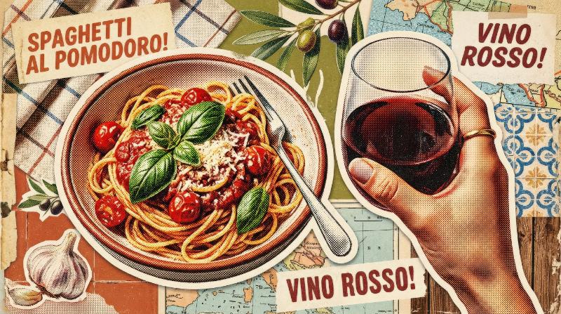 Italian pasta spaghetti with tomato and basil beside a hand holding a glass of red wine, halftone sticker styling, warm Mediterranean collage mood with playful retro charm, ultra-realistic, no logos.