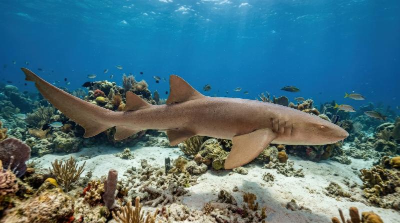 A graceful nurse shark swimming sideways, sleek body and distinct fins clearly visible, calm ocean wildlife atmosphere, ultra-realistic, no logos.