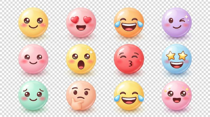 A set of cute emoji face expressions, isolated on transparent background, rounded glossy surfaces, soft pastel charm, cheerful kawaii icon mood, ultra-realistic, no logos.