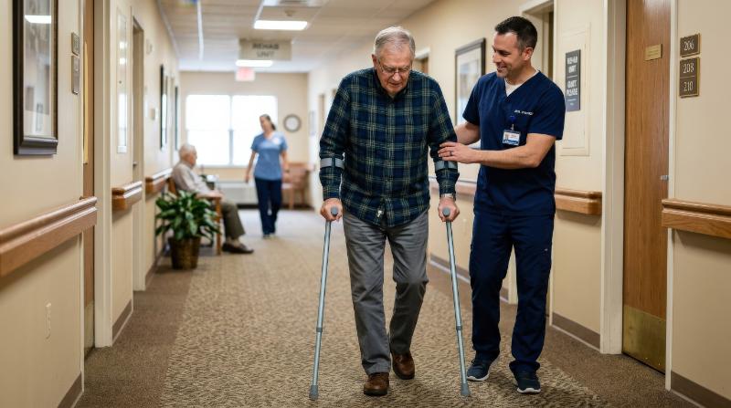 A male therapist assisting a senior man walking with crutches in a nursing home corridor, supportive body language, soft clinical light, compassionate rehabilitation atmosphere, ultra-realistic, no