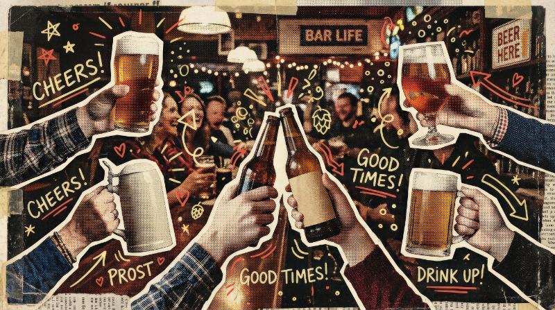 A halftone collage set of hands holding beer glasses, mugs and bottles, vintage dotted texture, celebratory doodles, lively bar atmosphere and retro mixed-media style, ultra-realistic, no logos.