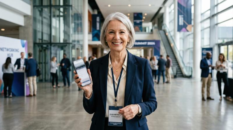 Portrait of a smiling senior female entrepreneur holding a smartphone while standing in a convention center, elegant business attire, clean architectural background, confident approachable mood,