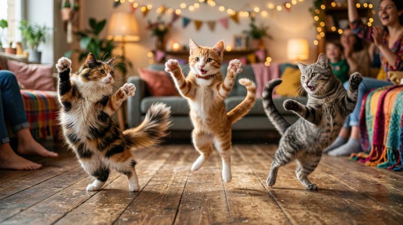 Three dancing cats mid-motion with lively paws and expressive tails, open playful space, whimsical joy and warm celebratory atmosphere, ultra-realistic, no logos.