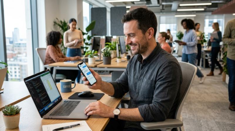 A smiling man using his smartphone while working on his laptop in an office, tidy desk, natural posture, modern workspace and an efficient upbeat atmosphere, ultra-realistic, no logos.