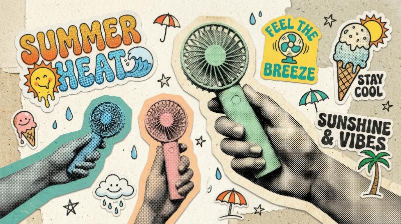 A halftone cutout set of hands holding portable handheld fans, summer heat concept stickers with paper textures and playful doodles, breezy modern retro mood, ultra-realistic, no logos.