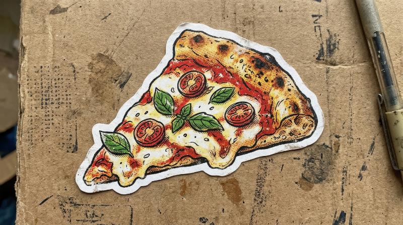 An Italian pizza slice with doodled tomato basil and melting cheese, halftone cutout sticker styling, playful food-zine mood with retro grunge charm, ultra-realistic, no logos.