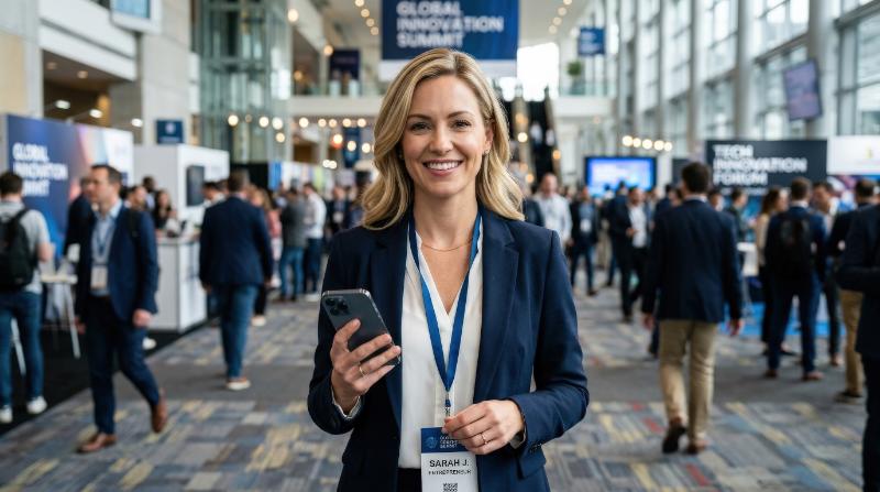Portrait of a smiling blond female entrepreneur holding a smartphone in a congress center, stylish businesswear, blurred conference background, confident and modern professional vibe, ultra-realistic,