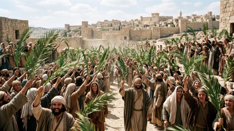 A large crowd cheering with palm leaves on Palm Sunday, biblical city backdrop, movement in the air and a triumphant faith-filled atmosphere, ultra-realistic, no logos.
