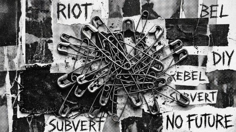 A stipple collage set of safety pins with grungy dotted texture, punk-inspired metallic forms, photocopy-style contrast, raw Y2K rebellion and edgy underground mood, ultra-realistic, no logos.