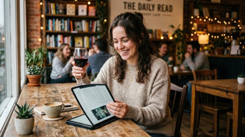 A smiling woman reading from a digital tablet while holding a glass of wine in a warm cafe, stylish freelance comfort and relaxed creative atmosphere, ultra-realistic, no logos.
