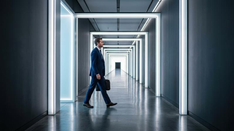 A man walking through multiple glowing doorways aligned in sequence, luminous thresholds and deep perspective, sleek minimal space, atmosphere of continuous professional progress, ultra-realistic, no