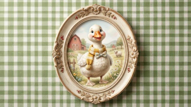A funny goose character inside an oval frame on a green checkered background, soft nursery styling and cheerful farmyard whimsy, ultra-realistic, no logos.