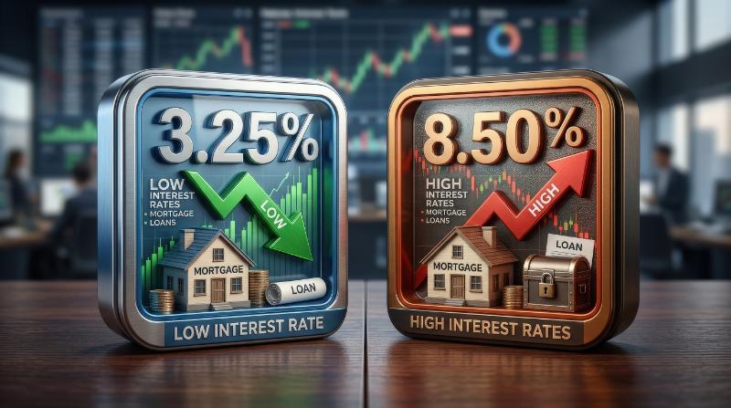 Low and high interest rate icons with percentages, arrows, mortgage and loan symbols in a solid finance set, clear economic contrast, ultra-realistic, no logos.