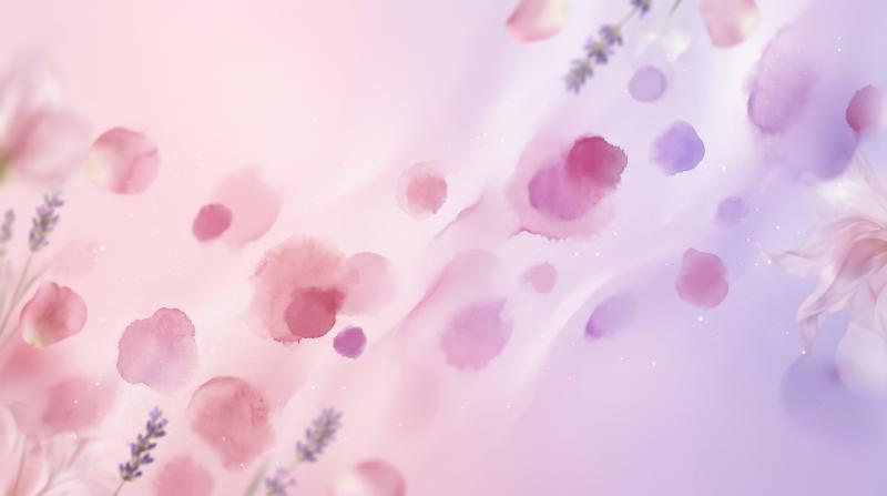 A soft pink-purple gradient banner with abstract spots, long horizontal format and airy cosmetic-style elegance, ultra-realistic, no logos.