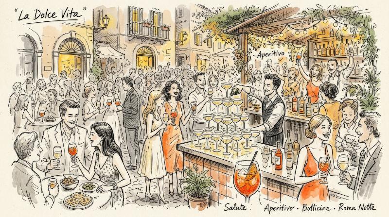 La dolce vita Italian party sketches with wine, aperol spritz, and champagne pyramid, airy ink linework and a lively celebratory bar atmosphere, ultra-realistic, no logos.