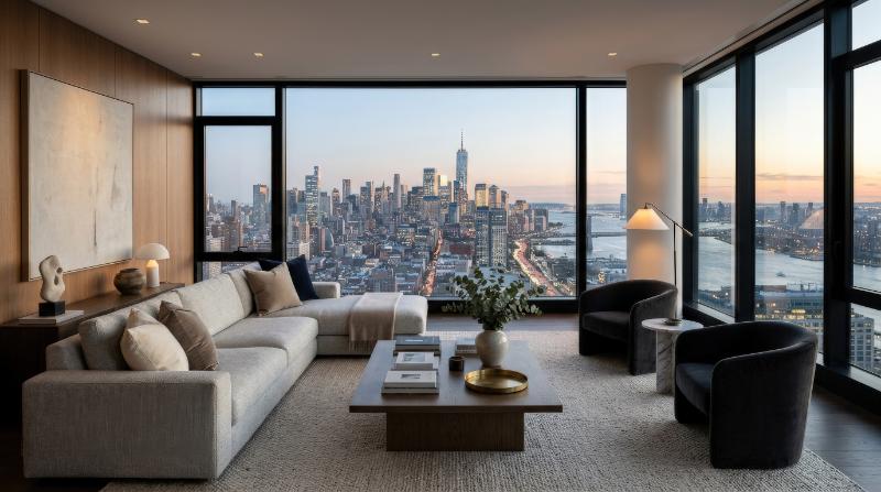 A modern penthouse living room with floor-to-ceiling windows, refined furniture and panoramic city view, elegant zoom-background aesthetic, soft natural light, ultra-realistic, no logos.