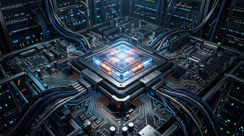 An AI processor core powering an intelligent network system, radiant central chip, intricate circuit lines, metallic surfaces, dramatic sci-fi lighting, ultra-realistic, no logos.