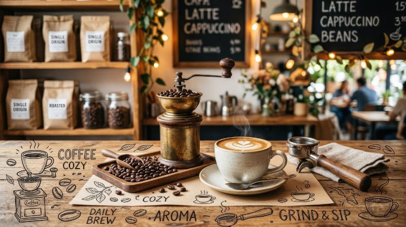 A coffee shop doodle-style set with grinder, cup, beans, and cozy café tools, warm aromatic mood, ultra-realistic, no logos.