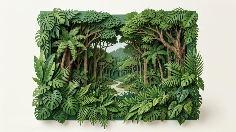 A jungle rainforest cutout set with layered tropical tree shapes, lush foliage textures, clean isolated composition, ultra-realistic, no logos.