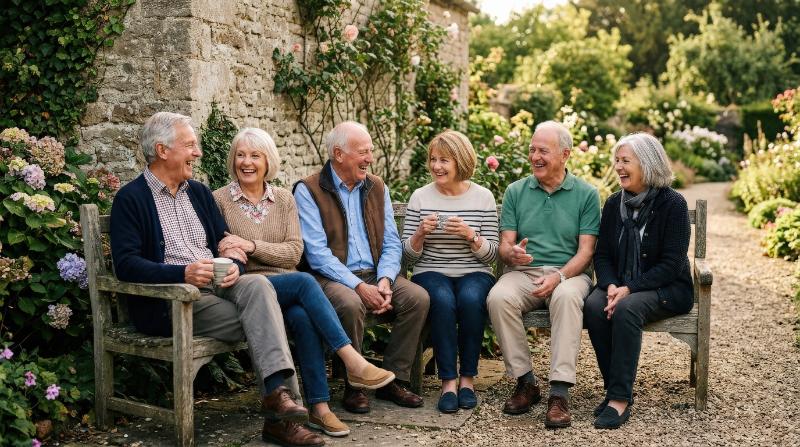 Happy retired women and men sitting together on a bench in front of a wall, relaxed posture, casual clothing, soft afternoon light, warm companionship atmosphere, ultra-realistic, no logos.