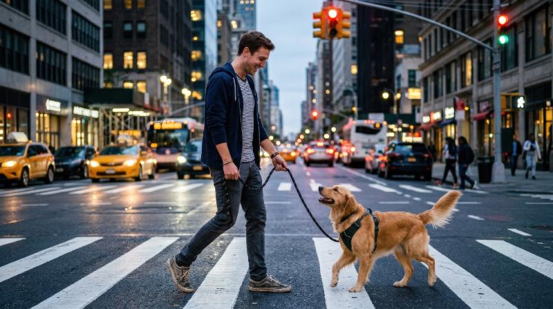 A young man happily walking his dog across an urban crosswalk, traffic signals glowing, city backdrop and modern companionship mood, ultra-realistic, no logos.