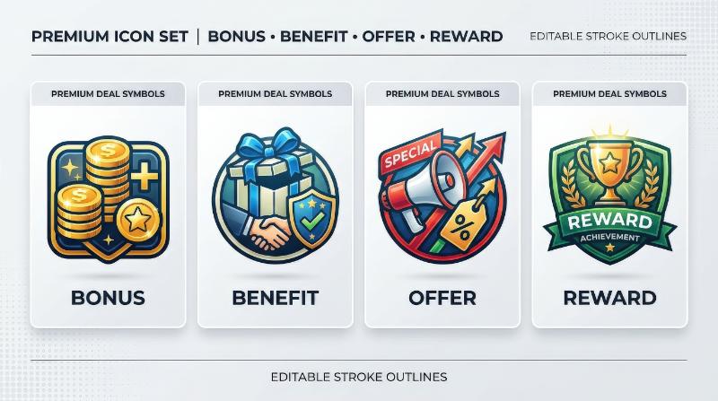A bonus, benefit, offer, and reward icon set with editable stroke outlines, premium deal symbols, clean promotional layout, polished commercial mood, ultra-realistic, no logos.
