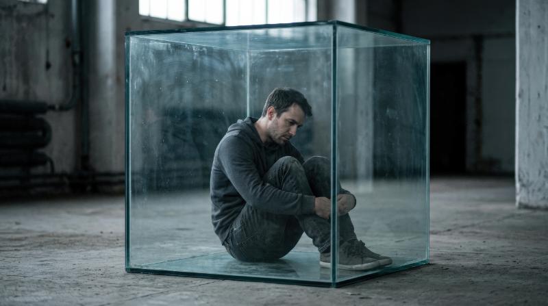 A man sitting trapped inside a transparent glass cube, isolated conceptual space, symbolizing loneliness, depression, mental pressure and emotional confinement, cold muted lighting, ultra-realistic,