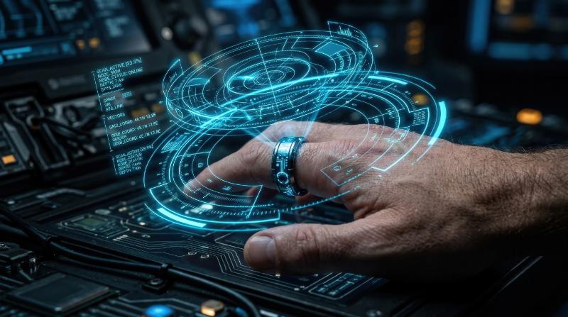 A neon blue technology ring with radar-style data lines, circular HUD geometry and cyber control-system depth, ultra-realistic, no logos.