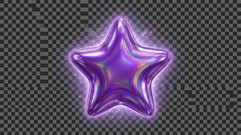 A holographic star shape in glossy purple pearl finish, isolated on transparent background, iridescent shimmer, smooth inflated edges, dreamy mystical mood, ultra-realistic, no logos.