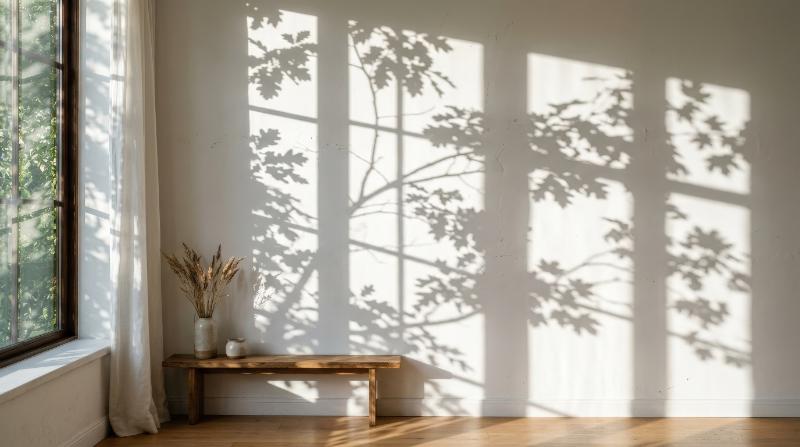 Tree branches and window shadows falling on a white wall, soft summer sunlight and layered natural silhouettes, airy interior calm, ultra-realistic, no logos.
