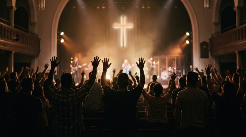 Silhouetted worshipers raising hands toward a glowing cross, blurred church stage, warm haze and backlight, deep faith and hopeful spiritual gathering atmosphere, ultra-realistic, no logos.