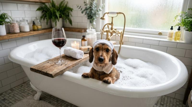 A dachshund relaxing in a bathtub with a glass of wine nearby, humorous spa-like comfort, ultra-realistic, no logos.