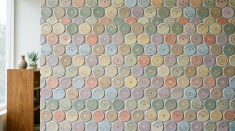 Soft retro circle tiles in muted pastel tones, smooth geometric repetition, subtle shadows, calming mid-century design mood, ultra-realistic, no logos.