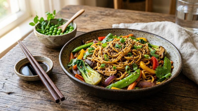 A delicious bowl of stir-fried noodles with colorful vegetables and sesame seeds on a wooden table, soy sauce dish and fresh peas nearby, warm appetizing light, ultra-realistic, no logos.