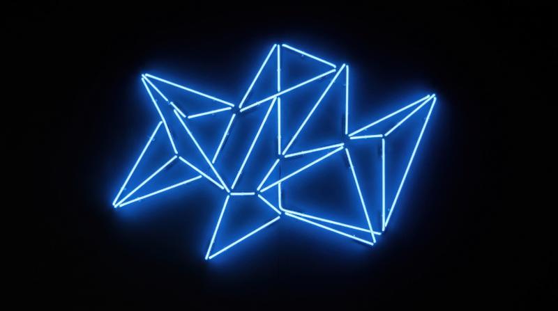 Abstract blue neon light glowing in darkness, simple geometric forms, deep contrast and clean minimalist wallpaper aesthetic, ultra-realistic, no logos.