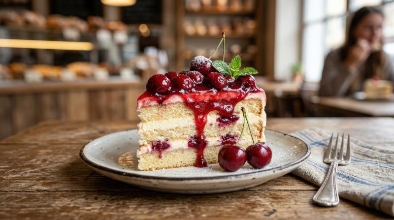 A cherry cake slice on a dessert plate, glossy fruit topping, soft sponge layers and charming bakery sweetness, ultra-realistic, no logos.