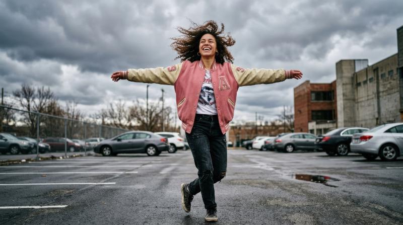 A carefree curly-haired woman in a pink letterman jacket dancing in a parking lot under a cloudy sky, arms stretched wide, wind and freedom in the frame, expressive youthful mood, ultra-realistic, no